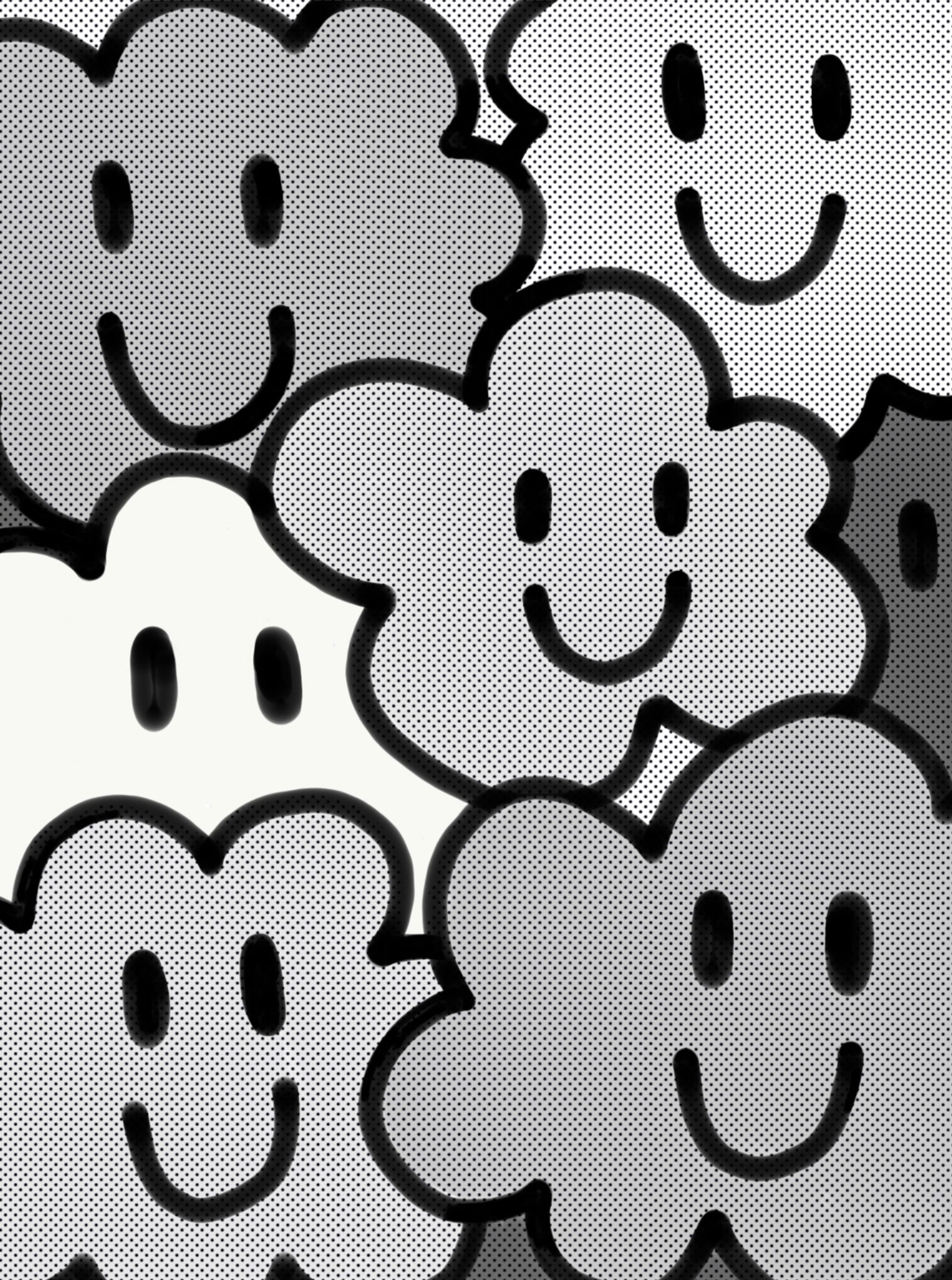 ausgewählte Illustrationen von Studio Biro Einfache, monochrome und grafische Illustration von einer Ansammlung von lächelnden Wolken