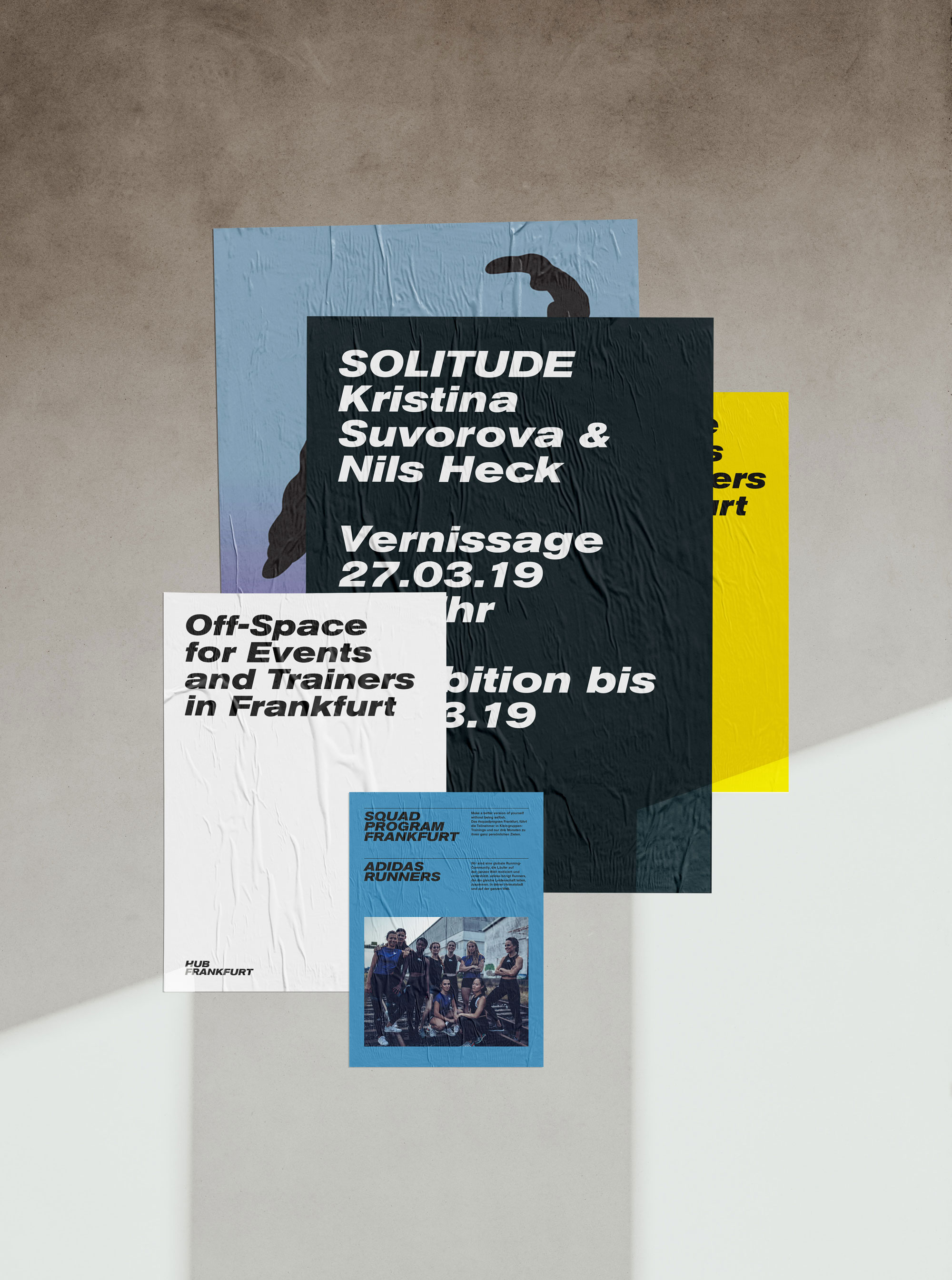 Grafikdesign Projekt für das Hub Frankfurt Poster für Veranstaltungen & Ausstellungen des Hub Frankfurt übereinandergelagert