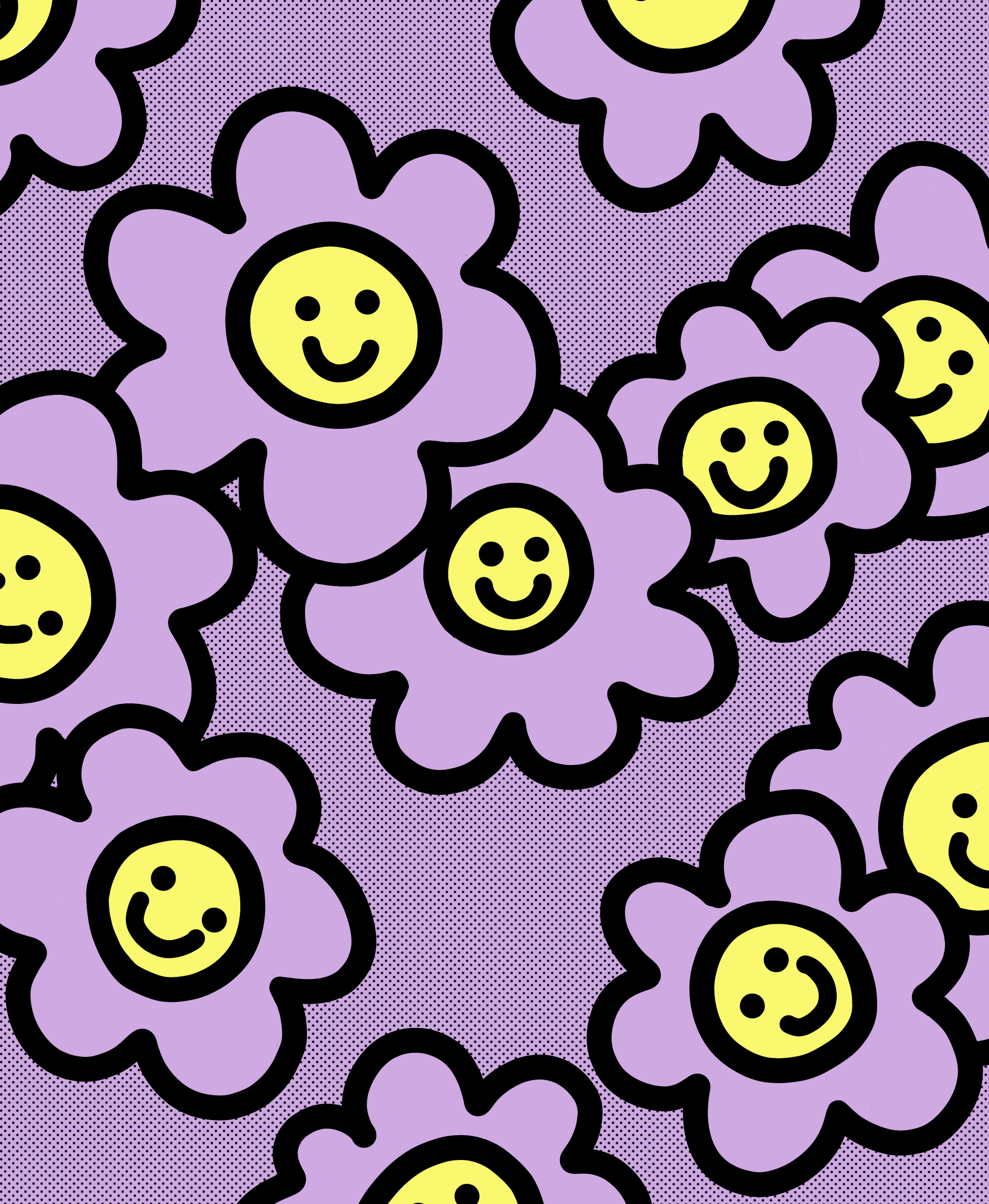 Grafische Illustration von lila Blumen mit lächelnden gelben Gesichtern