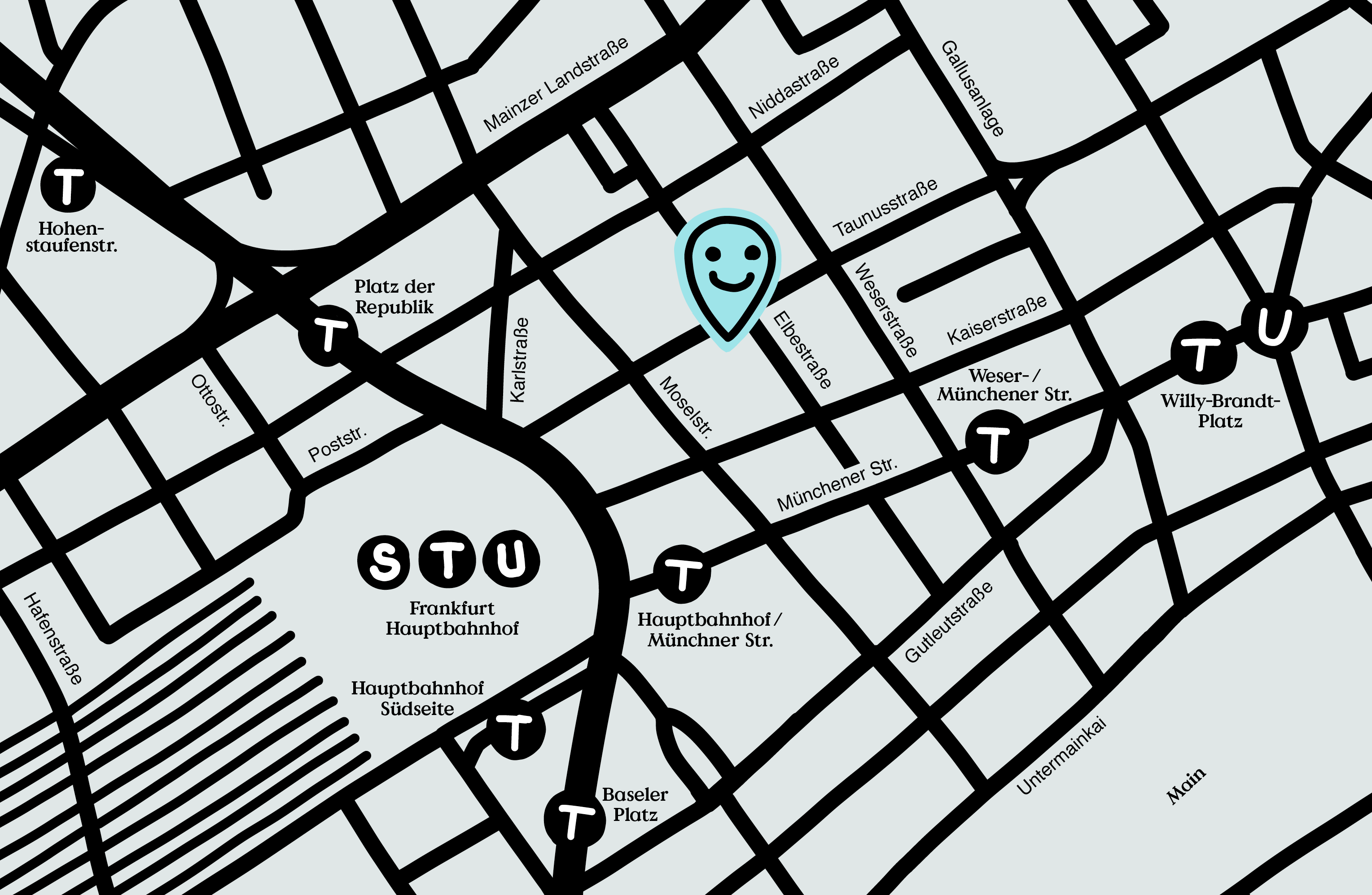 Illustration einer Anfahrtskarte zur Designagentur Studio Biro, ein fröhlich lächelnder Pin markiert die Location