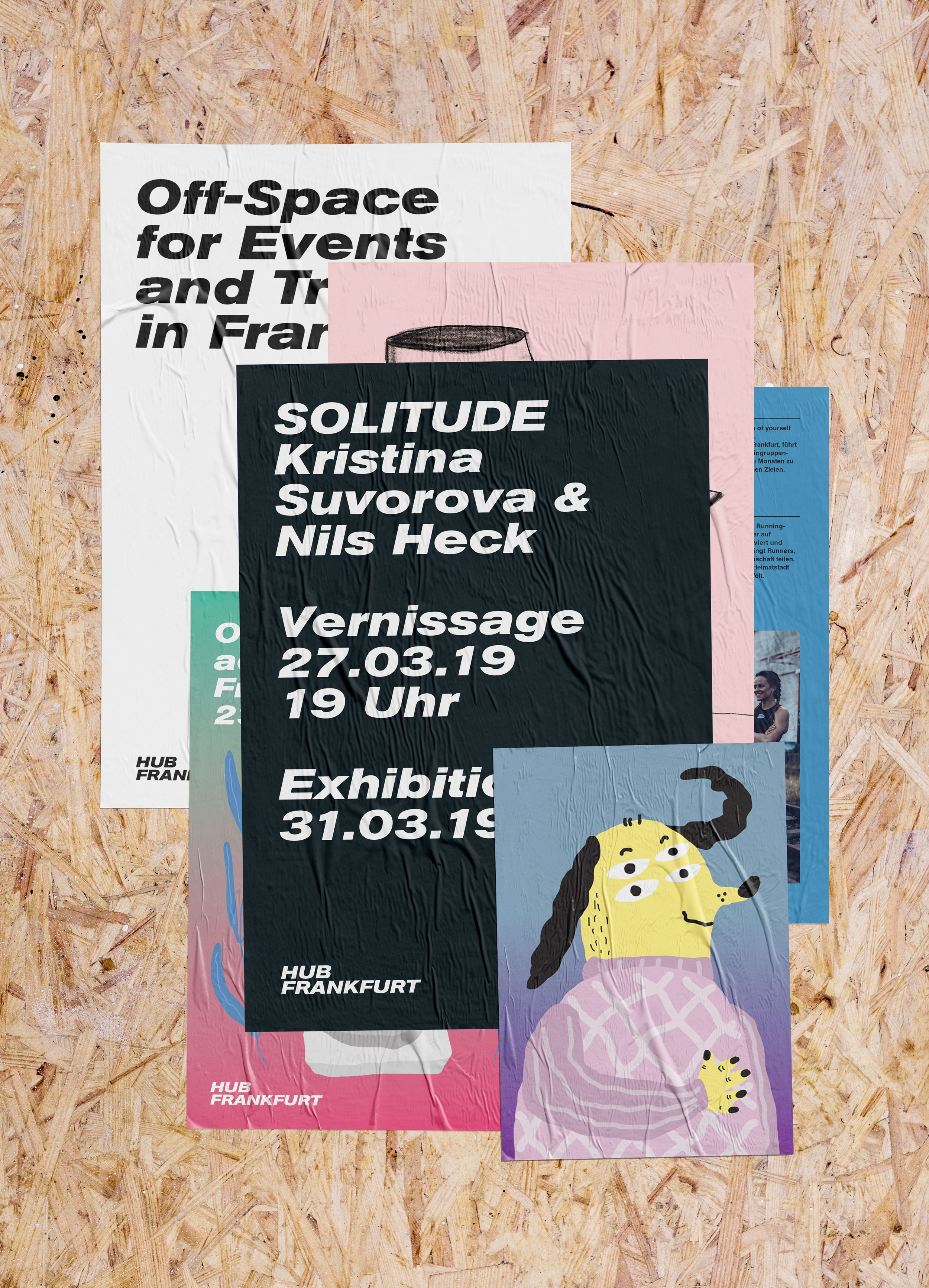 Poster für Veranstaltungen & Ausstellungen des Hub Frankfurt übereinandergelagert