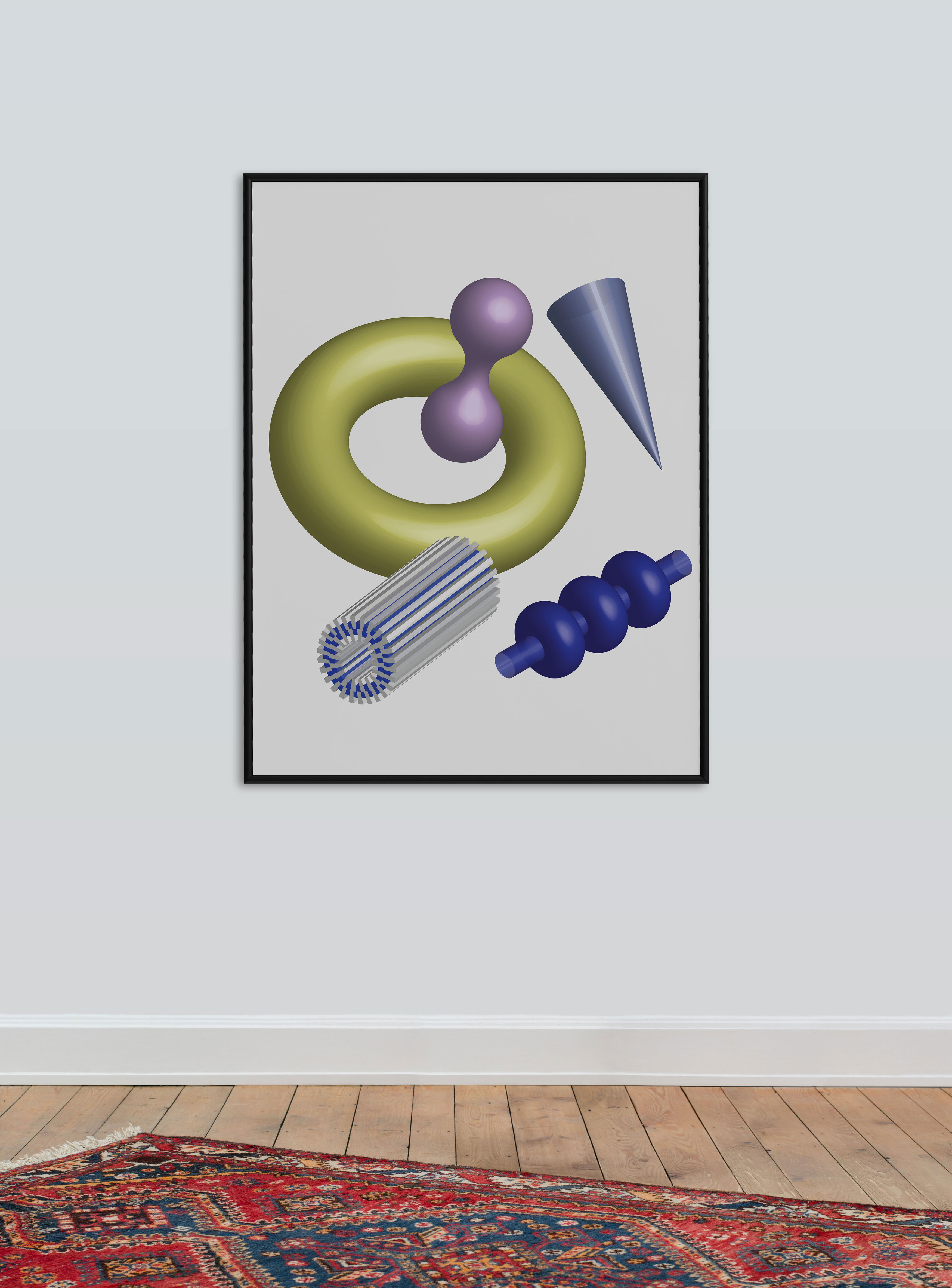 Gerahmtes Bild mit schwerelosen, dreidimensionalen, geometrischen Formen als Motiv